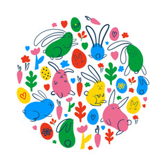 Poster - Easter card with the image of rabbits, hares, Easter eggs and grass decor. simple drawing, light easter elements in linear and flat style, hand draw