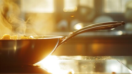 Sticker - A pan of a frying pan with food cooking on the stove, AI