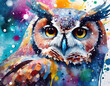 Closeup of owl in acrylic paint drawing style
