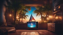 Highly Intricately Detailed Photograph Of   Sail Boat Seen Through Palm Trees   Inside A Plasma Tv  