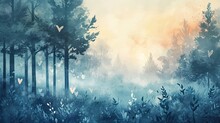 A Flat Lay Of A Watercolor Painting Depicting A Soft, Misty Forest Scene At Dawn. 