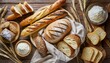 assorted bread on wooden background top view