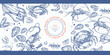 Isolated vector set of seafood. Shrimps, langoustines, prawns, salmon, trout, oysters, mussels, squid, crab, lemon.Hand-drawn seafood delicacy, restaurant and marine cafe menu.