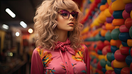 Wall Mural - Portrait of charming jocund young woman with fashionable hairstyle and glasses indoors