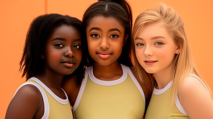 Happy, cool teenage girls of generation Z in t-shits look at camera. Three smiling young teenagers of different ethnic groups converge in frame, isolated on orange background. Copy space.