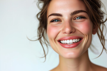 Canvas Print - A photo portrait of a beautiful woman over 20 years old, smiling with clean teeth, perfect teeth. To advertise dentistry. Highlighted on a white background