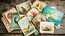 Assorted Vintage Easter Postcards With Spring Motifs On Wooden Surface