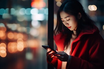 Young asian woman outdoors using a mobile smart phone. Business woman using mobile phone walking through night city street while waiting car to pick up home, Beautiful young smiling female