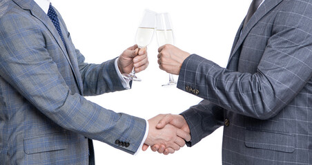 businessmen handshaking after contract deal with champagne. successful agreement in business deal. businessmen dealing isolated on white. partnership concept. celebrate business deal. cropped view