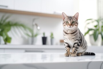 Wall Mural - Tabby domestic cat sitting on modern kitchen counter. Pet on kitchen table on sunny day at home. Light scandinavian interior design. Cozy place for cooking with copy space