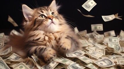  jackpot and lottery winnings. the cat, kitten screams happily. dollars are falling from heaven. happiness, luck, fluffy pet