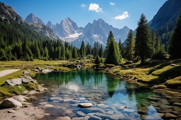 Canvas Print - Stunning mountain lake landscape with crystal clear water and lush green forest