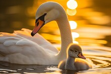 Beautiful Graceful Swan And Its Adorable Chick On Serene Lake During Warm-Hued Sunrise