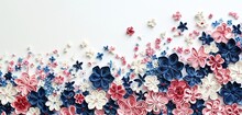 A Beautiful Mosaic Of Small Quilling Flowers In Navy Blue, Bubblegum Pink, And Antique White