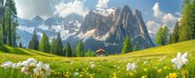 Idyllic Mountain Scenery In The Alps With Blooming Meadows In Springtime