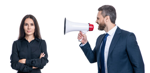 Wall Mural - business man has conflict with partner about promotion. businesspeople announce rivalry. business conflict. businessman shouting on employee in loudspeaker isolated on white. disagreement