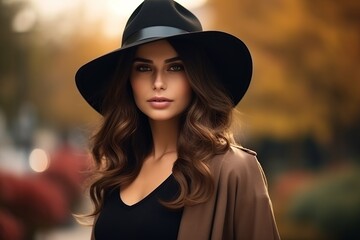 Wall Mural - young and pretty woman with a very elegant hat posing in front of the camera