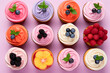  top view of assorted topping cupcakes