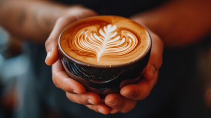 Close-up of a man making latte art in a cup of coffee. Male hands holding a cup of coffee with latte art. Drinks concept.