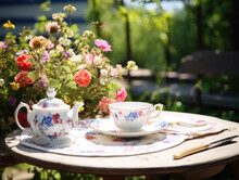 Tea Set On A Rustic Garden Table Among Flowers. The Concept Signifies Relaxation And Leisure In Nature.