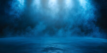 Dark Street, Wet Asphalt, Reflections Of Rays In The Water. Abstract Dark Blue Background, Smoke