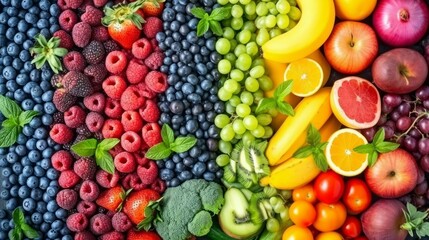 a collage of fruits and vegetables in a rainbow array, symbolizing balanced nutrition and the import