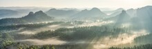 Morning Fog Over The Elbe Sandstone Mountains In Saxon Switzerland, Saxony, Germany