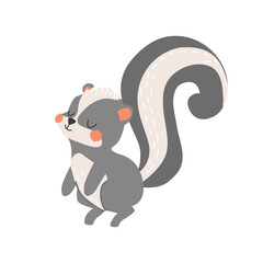 Wall Mural - Cute cartoon skunk vector illustration in flat style. Beautiful forest animal. For poster, greeting card and kids design. White isolated background. Hand drawn. 
