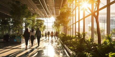 People walking in an office building with trees and sunlight