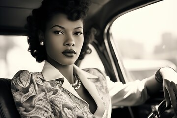 black and white , african woman in a car traveling through the city