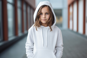 Wall Mural - Girl in blank white hoody inside school building. Mock up design for hoodies and casual sportswear