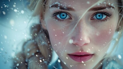 Poster - fantasy photography of a gorgeous ice queen with long blonde hair and blue eyes, closeup shot