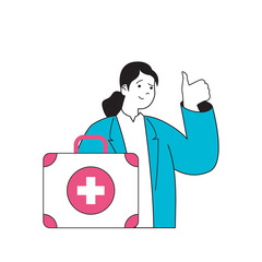 Aufkleber - Medical concept with cartoon people in flat design for web. Woman with first aid kit works as paramedic, giving first emergency help. Vector illustration for social media banner, marketing material.
