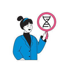 Aufkleber - Medical concept with cartoon people in flat design for web. Woman with magnifier doing scientific research of dna in laboratory. Vector illustration for social media banner, marketing material.