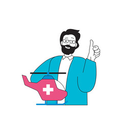 Aufkleber - Medical concept with cartoon people in flat design for web. Man works as paramedic in ambulance helicopter, helps and rescue patients. Vector illustration for social media banner, marketing material.