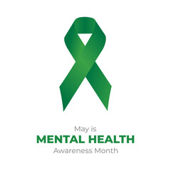 Green awareness ribbon.Banner about mental health.Flat vector illustration with green ribbon and space for text.