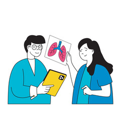 Aufkleber - Medical concept with cartoon people in flat design for web. Doctor and nurse doing diagnosis of patient lungs by x-ray in clinic. Vector illustration for social media banner, marketing material.