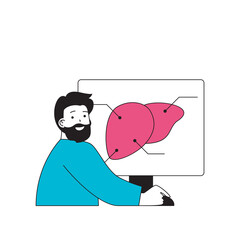 Aufkleber - Medical concept with cartoon people in flat design for web. Man making diagnosis of human liver structure on computer screen in clinic. Vector illustration for social media banner, marketing material.