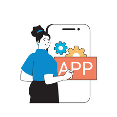 Fototapete - Programming concept with cartoon people in flat design for web. Woman working as application developer, creating and settings apps. Vector illustration for social media banner, marketing material.