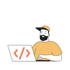 Poster - Programming concept with cartoon people in flat design for web. Man coding and engineering software, creating scripts and algorithms. Vector illustration for social media banner, marketing material.