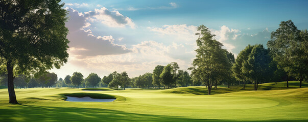 Canvas Print - Beautiful golf course and sun through trees