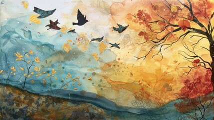 Wall Mural - abstract forest with fall and spring leaves. colorful seasons in the mystic woods. stunning watercol