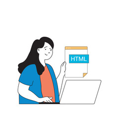 Fototapete - Programming concept with cartoon people in flat design for web. Woman working with code, coding on html, creating and releases product. Vector illustration for social media banner, marketing material.
