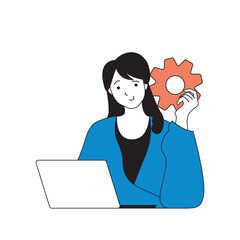 Poster - Programming concept with cartoon people in flat design for web. Woman working as programmer, creating software and solving problems. Vector illustration for social media banner, marketing material.
