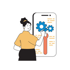 Fototapete - Programming concept with cartoon people in flat design for web. Woman working with app code and settings on mobile screen in agency. Vector illustration for social media banner, marketing material.