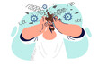 © Valery - Man experiences stress, clutching head with springs and gears flying out, suffering from exhaustion