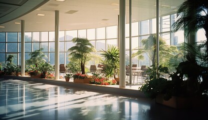 atrium with tropical plants and large windows