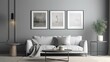Blank picture frame mockup on gray wall. White living room design. View of modern scandinavian style interior with artwork mock up on wall. Home staging and minimalism concept, Bright color, ultra rea