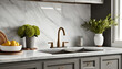 Detail image of a kitchen sink including white marble backsplash and countertop, grey cabinets, and ornamentation.