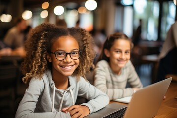 Sticker - Two happy school girls using laptop in library